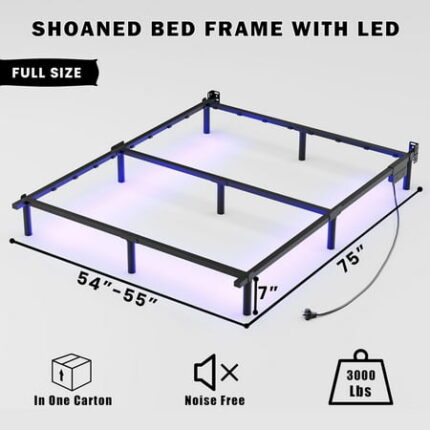 Full Size Bed Frame with LED 7 Inch Metal Steel Bedframe for Box Spring and Mattress Heavy Duty Basics Bed Base Noise Free Easy Assembly Black