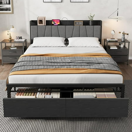 Full Size Bed Frame with Storage Headboard Industrial Full Platform Bed with 2 Large Drawers and Charging Station No Box Spring Needed Bedframe Full Size Bed Frame with Storage Headboard Industrial Full Platform Bed with 2 Large Drawers and Charging Station No Box Spring Needed Bedframe