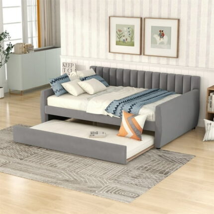 Full Size Daybed with Trundle Multifunctional Sofa Bed Frame with Wood Slats Support Solid Wood Bedframe Space-Saving Daybed for Bedroom Living Room No Box Spring Needed Easy Assemble Gray