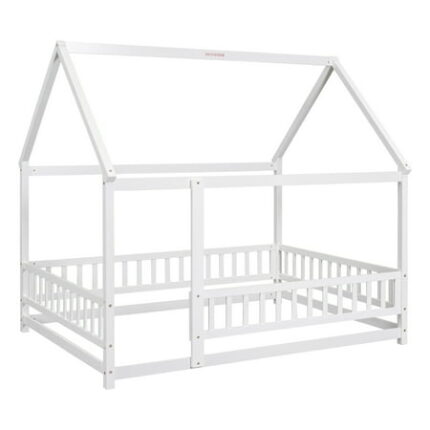 Full Size Floor Bed Frame Wood House Bed With Fence Wooden Bedframe With Roof For Teens Boys Or Girls No Bed Slats