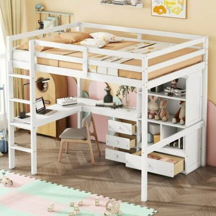 Full Size Loft Wood Bed with Desk Storage Shelves and Drawers Bed Frame with Guardrails and Built-in Ladder Bedframe for Bedroom White