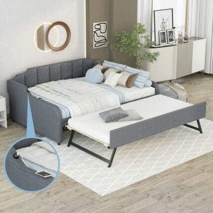 Full Size Upholstered Daybed Sofa Bed Frame with Trundle and USB Charging Design Trundle can be Flat or Erected Multifunctional Bedframe for Living Room Bedroom Gray