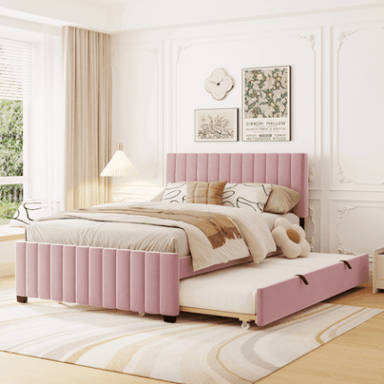 Full Size Velvet Upholstered Platform Bed with Trundle Wood Bed Frame with Soft Headboard Full Size Bedframe for Boys Girls Teens Adult Pink