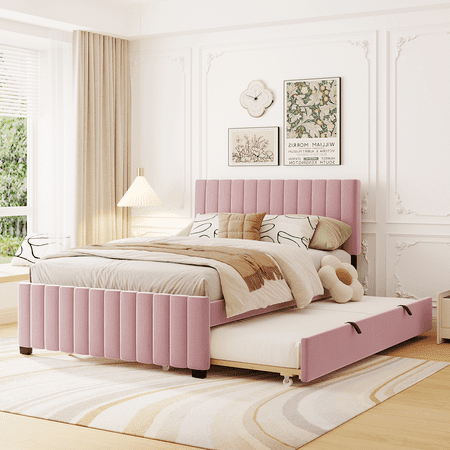 Full Size Velvet Upholstered Platform Bed with Trundle Wood Bed Frame with Soft Headboard Full Size Bedframe for Boys Girls Teens Adult Pink Full Size Velvet Upholstered Platform Bed with Trundle Wood Bed Frame with Soft Headboard Full Size Bedframe for Boys Girls Teens Adult Pink
