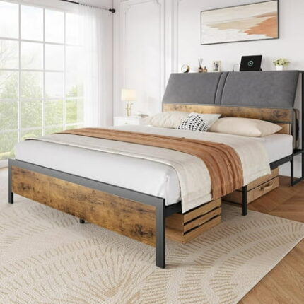 GAOMON Full Bed Frame with Ergonomic Upholstered Headboard & Charging Station Platform Bedframe with 3-Tier Storage Space Mattress Foundation with Strong Metal Slats Support No Box Spring Needed