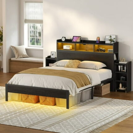 Greenstell Full Size Bed Frame with Storage Cabinet and Headboard Wood Bed with LED Light Bedframe with Charging Station Black