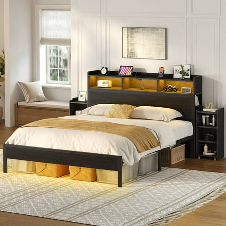 Greenstell Queen Size Bed Frame with Storage Cabinet and Headboard Wood Bed with LED Light Bedframe with Charging Station Black Greenstell Queen Size Bed Frame with Storage Cabinet and Headboard Wood Bed with LED Light Bedframe with Charging Station Black