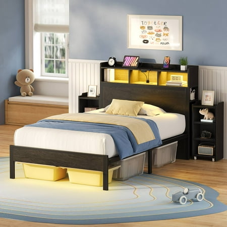 Greenstell Twin Bed Frame with Storage Cabinet and Headboard Wood Bed with LED Light Bedframe with Charging Station Black Greenstell Twin Bed Frame with Storage Cabinet and Headboard Wood Bed with LED Light Bedframe with Charging Station Black