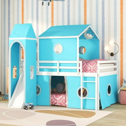 Historyli Bunk Bed House for Girls Boys Shaped Loft Bedframe Funny Playhouse Bed with Windows Slide Tent Tower for Girls Boys Saving Space Beds Frame Bedroom Furniture Blue