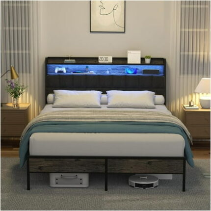 JERFIT Queen Bed Frame with RGB LED Lights Charging Station Upholstered Storage Platform Bed No Box Spring Needed Modern Black Metal Bedframe
