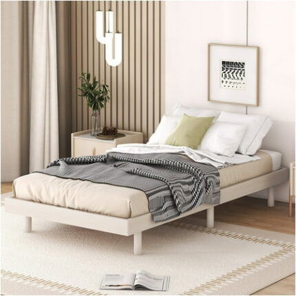 JERFIT White Washed Twin Size Bed Frame with Floating Platform Modern Wood Bedframe with Slats No Box Spring Needed Easy Assembly