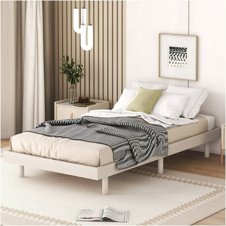 JERFIT White Washed Twin Size Bed Frame with Floating Platform Modern Wood Bedframe with Slats No Box Spring Needed Easy Assembly JERFIT White Washed Twin Size Bed Frame with Floating Platform Modern Wood Bedframe with Slats No Box Spring Needed Easy Assembly