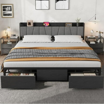 Juiluna King Size Bed Frame with a Functional Storage Headboard Industrial King Platform Bed with 2 Large Drawers Plus a Charging Station Black Bedframe - No Box Spring Needed