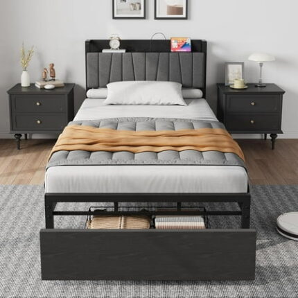 Juiluna Twin Size Bed Frame with Storage Headboard Black Twin Platform Bed with Large Drawer and Charging Station Industrial No Box Spring Needed Bedframe