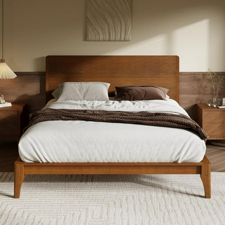 King Size Bamboo Platform Bed Mid-Century Modern Bed Frame with Tall Headboard Solid Sustainable Bedframe King-Size Wood Slat Support No Box Spring Needed Easy Assembly Noise Free Brown King Size Bamboo Platform Bed Mid-Century Modern Bed Frame with Tall Headboard Solid Sustainable Bedframe King-Size Wood Slat Support No Box Spring Needed Easy Assembly Noise Free Brown