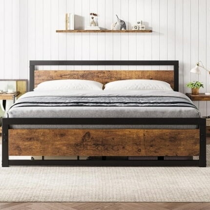 King Size Bed Frame Industrial King Platform Bed with Headboard No Box Spring Needed 14 Inch Easy Assemble Mattress Foundation Bedframe Retro Brown