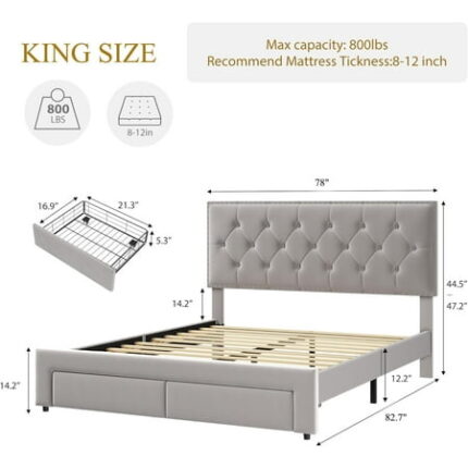 King Size Bed Frame with 2 Storage Drawers Vintage Velvet Upholstered Bedframe with Wooden Slat Support and Button Tufted Wingback Headboard No Box Spring Needed Noise Free Beige