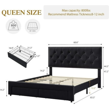 King Size Bed Frame with 2 Storage Drawers Vintage Velvet Upholstered Bedframe with Wooden Slat Support and Button Tufted Wingback Headboard No Box Spring Needed Noise Free Black