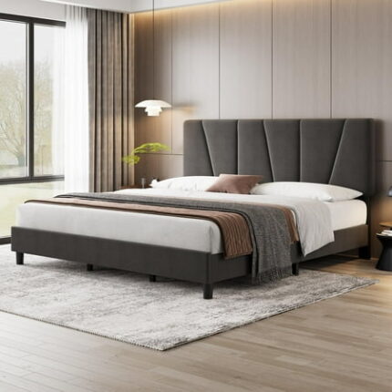 King Size Bed Frame with Adjustable Headboard Linen Upholstered King Platform Bedframe with Strong Wooden Slats