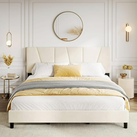 King Size Bed Frame with Adjustable Headboard Velvet Upholstered Tufted Twin Platform Bedframe with Strong Wooden Slats Mattress Foundation No Box Spring Needed Easy Assembly Beige King Size Bed Frame with Adjustable Headboard Velvet Upholstered Tufted Twin Platform Bedframe with Strong Wooden Slats Mattress Foundation No Box Spring Needed Easy Assembly Beige