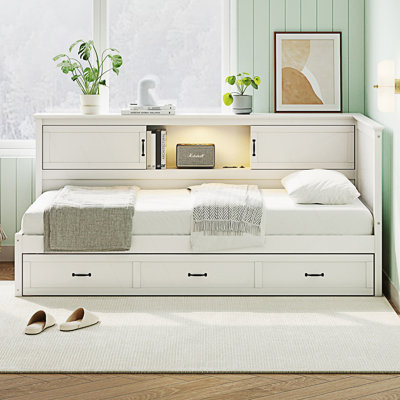 L-Shaped Bed Frame With Drawer And Bookcase, Corner Bed, Captain Bed With Led Downlight And USB Port, Bedframe