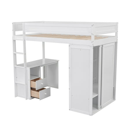 Loft Bed with Desk Wood Loft Bed Frame with Storage Cabinet Bedframe with Ladder and Safety Guardrail for Boys Girls Adult No Spring Box Needed Loft Bed with Desk Wood Loft Bed Frame with Storage Cabinet Bedframe with Ladder and Safety Guardrail for Boys Girls Adult No Spring Box Needed