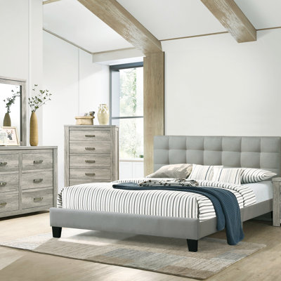 Modern 1Pc Bed Polyfiber Tufted Headboard Platform Bedframe Bedroom Furniture, Bed Frame