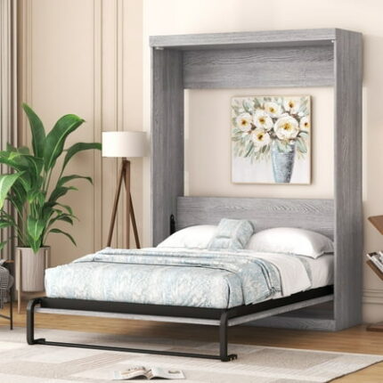 Murphy Bed Frame Wood& Metal Platform Bed can be Folded into a Cabinet Wood Slat Support Bedframe No Box Spring Need Mattress Foundation(Gray Full)