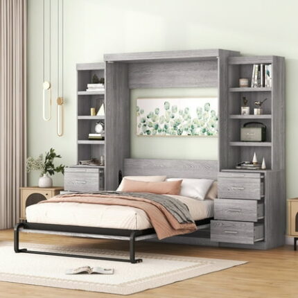 Murphy Bed Frame Wood& Metal Platform Bed can be Folded into a Cabinet Wood Slat Support Bedframe with Storage Shelves and Drawers No Box Spring Need Mattress Foundation(Gray Full)