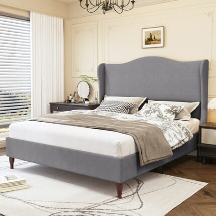 Neche Queen Upholstered Bed Frame with 51 Tall Headboard Classic Curved Wingback Platform Bed with Soft Fabric Retro Simple Sleigh Bedframe No Box Spring Needed/Easy Assembly Light Grey