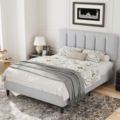 Noriega Queen Bed Frame with Upholstered Headboard, Heavy-Duty Platform Bedframe with Strong Wooden Slats Support, No Boxing Spring Needed, Light Grey