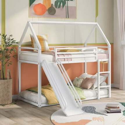 Over Bunk Bed with Slide House Shaped Bedframe w/Ladder Heavy Duty Low Bunk Bed Frame with Guardrail No Box Spring Needed & Easy Assemble