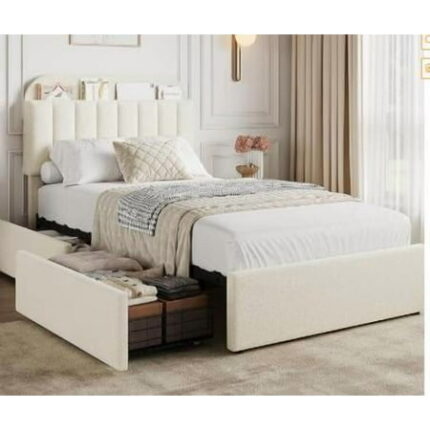 Platform Bed Frame with Upholstered Headboard and Wooden Slats Support Noise Free Bedframe with 2 Rolling Drawers Upholstered Mattress Foundation/No Box Spring Needed/Easy Assembly