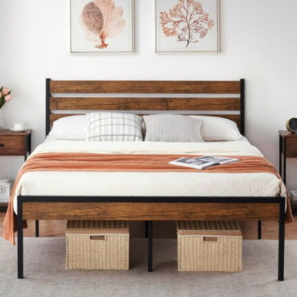 Queen Bed Frame with Headboard Footboard Rustic Brown Wood Farmhouse Metal Platform Bedframe with Wooden Slat No Box Spring Needed Easy Assembly Farm House Base Beds Foundation-Queen Size
