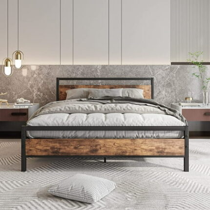 Queen Bed Frame with Headboard Metal Platform Bed Frame Queen Size with Storage No Box Spring Needed Heavy Duty Steel Slats Bedframe Mattress Foundation