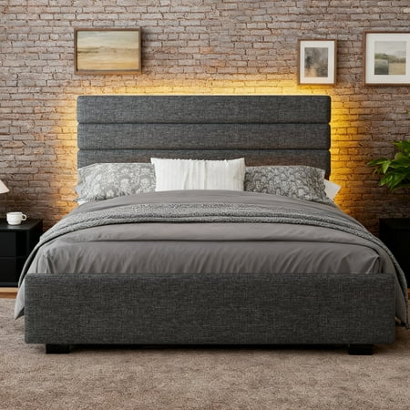 Queen Bed Frame with Upholstered Headboard Queen Platform Bed Frame with LED Lights Modern BedFrame No Box Spring Needed Dark Gray Queen Bed Frame with Upholstered Headboard Queen Platform Bed Frame with LED Lights Modern BedFrame No Box Spring Needed Dark Gray