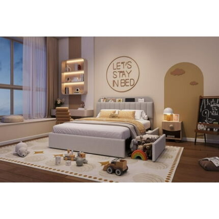 Queen Size Bed Frame with 2 Storage Drawers Bedframe with Storage Headboard Upholstered Bed Frame No Box Spring Needed Easy Assembly Grey
