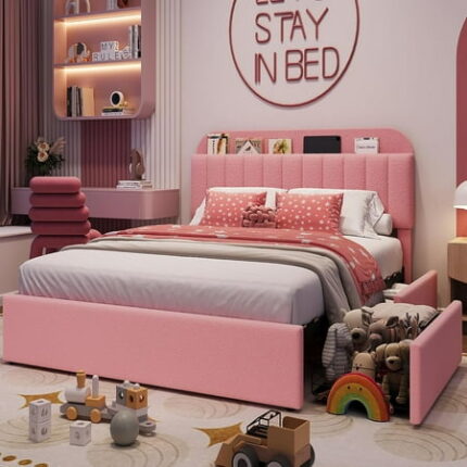 Queen Size Bed Frame with 2 Storage Drawers Bedframe with Storage Headboard Upholstered Bed Frame No Box Spring Needed Easy Assembly Pink
