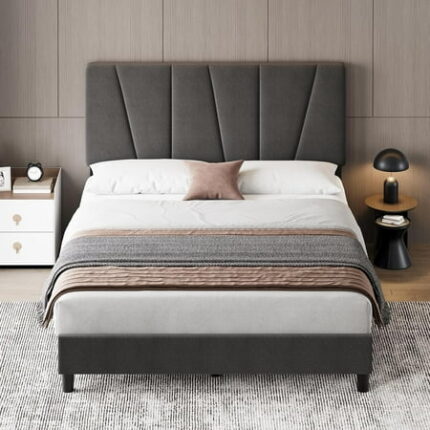 Queen Size Bed Frame with Adjustable Headboard Velvet Upholstered Tufted Twin Platform Bedframe with Strong Wooden Slats Mattress Foundation No Box Spring Needed Easy Assembly Grey
