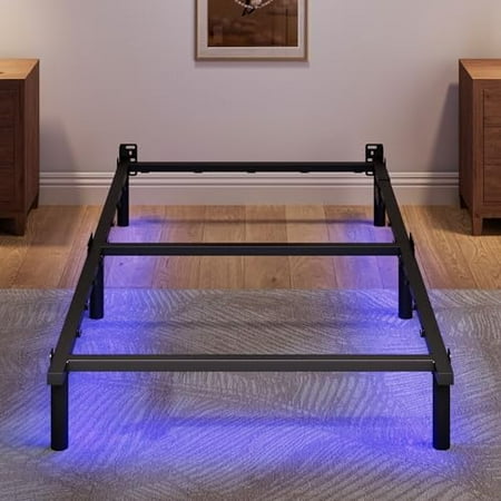 Queen Size Bed Frame with LED 7 Inch Metal Steel Bedframe for Box Spring and Mattress Heavy Duty Basics Bed Base Noise Free Easy Assembly Black Adjustable Queen Size Bed Frame with LED 7 Inch Metal Steel Bedframe for Box Spring and Mattress Heavy Duty Basics Bed Base Noise Free Easy Assembly Black Adjustable