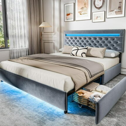 Queen Size Bed Frame with LED Lights Velvet Upholstered Platform Queen Bed Frame with 2 Storage Drawers and Adjustable Headboard No Box Spring Needed Queen Bedframe Noise Free Light Grey