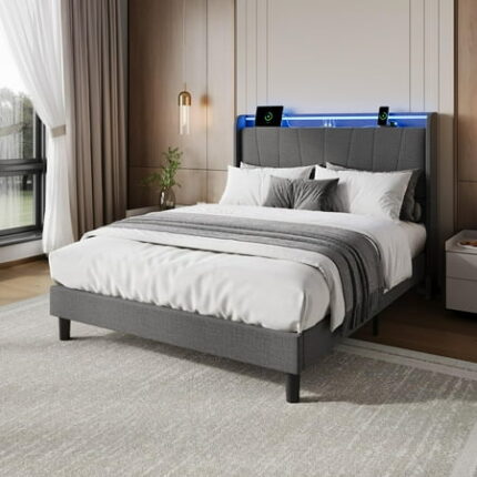 Queen Size Bed Frame with LED Lights and Charging Station Fabric Upholstered Platform Queen Bed Frame with Headboard No Box Spring Needed Bedframe Noise Free Easy Assembly Gray