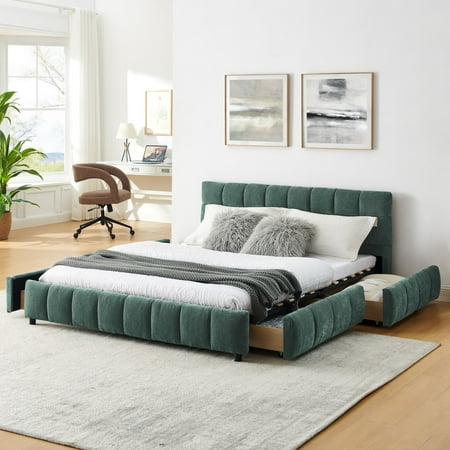 Queen Size Upholstered Bed Frame with 4 Drawers and Headboard Chenille Platform Storage Bedframe with Wooden Slats Support No Box Spring Needed Queen Size Platform Bed for Bedroom Blue+Green Queen Size Upholstered Bed Frame with 4 Drawers and Headboard Chenille Platform Storage Bedframe with Wooden Slats Support No Box Spring Needed Queen Size Platform Bed for Bedroom Blue+Green