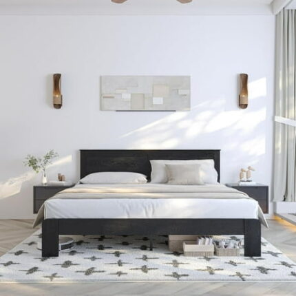 Queen Size Wooden Bed Frame with Headboard Wood Bedf Frame Rustic Farmhouse Style Sturdy Bedframe with 12 Wooden Slat Support No Box Spring Needed Noiseless Easy to Assemble