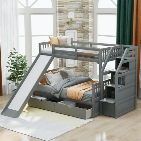 Royard Oaktree Twin Over Full Bunk Bed Multifunctional Wood Bedframe with Drawers Slide Storage Staircase and Guardrails Space Saving Bed Frame for Dorm Bedroom Guest Room Gray Royard Oaktree Twin Over Full Bunk Bed Multifunctional Wood Bedframe with Drawers Slide Storage Staircase and Guardrails Space Saving Bed Frame for Dorm Bedroom Guest Room Gray