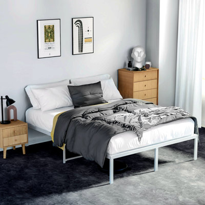 Scio 14'' High White Bed Frame Metal Bedframes with Protection Pads Noisy Free Anti Slip