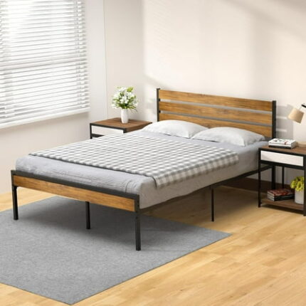 Senfot Full Size Bed Frame with Headboard Footboard Rustic Brown Wood Farmhouse Metal Platform Bedframe with Wooden Slat Farm House Base Beds Foundation-Full Easy Assembly No Box Spring Needed