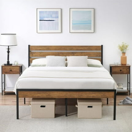 Senfot Queen Size Bed Frame with Headboard Footboard Rustic Brown Wood Farmhouse Metal Platform Bedframe with Wooden Slat Farm House Base Beds Foundation-Full Easy Assembly No Box Spring Needed