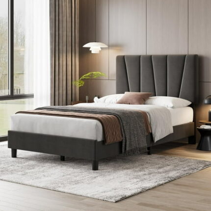 Set of 2 - Twin Size Bed Frame with Adjustable Headboard Linen Upholstered Twin Platform Bedframe with Strong Wooden Slats Mattress Foundation No Box Spring Needed