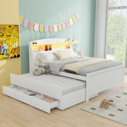 Solid Wood Bed Frame with Storage LED Headboard Twin Size Trundle and 3 Drawers Platform Bed Frame Mid Century Bedframe Wood Foundation(White Full)